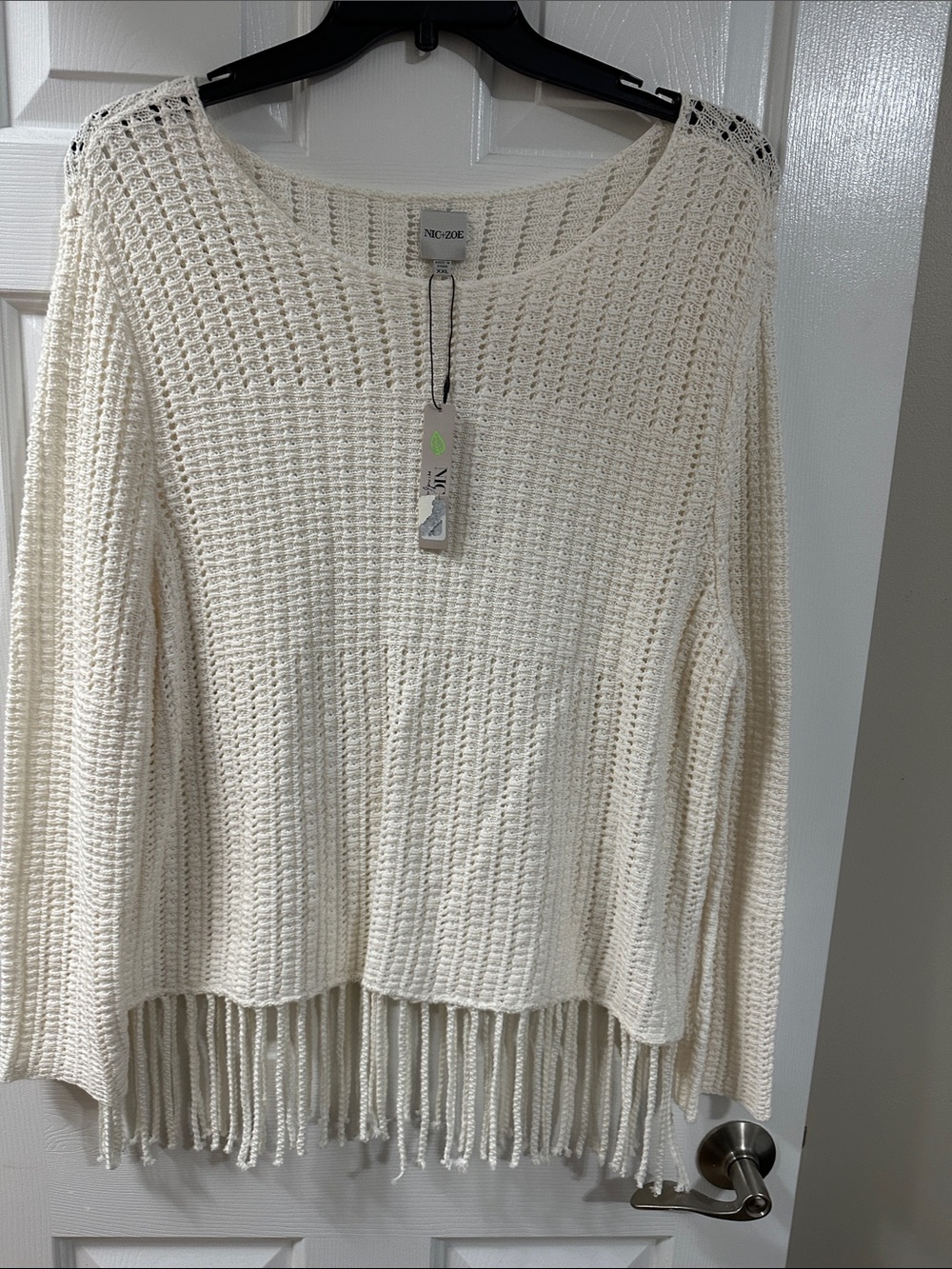 NIC+ZOE Cream Open-Knit Scoop Neck Sweater with Fringe